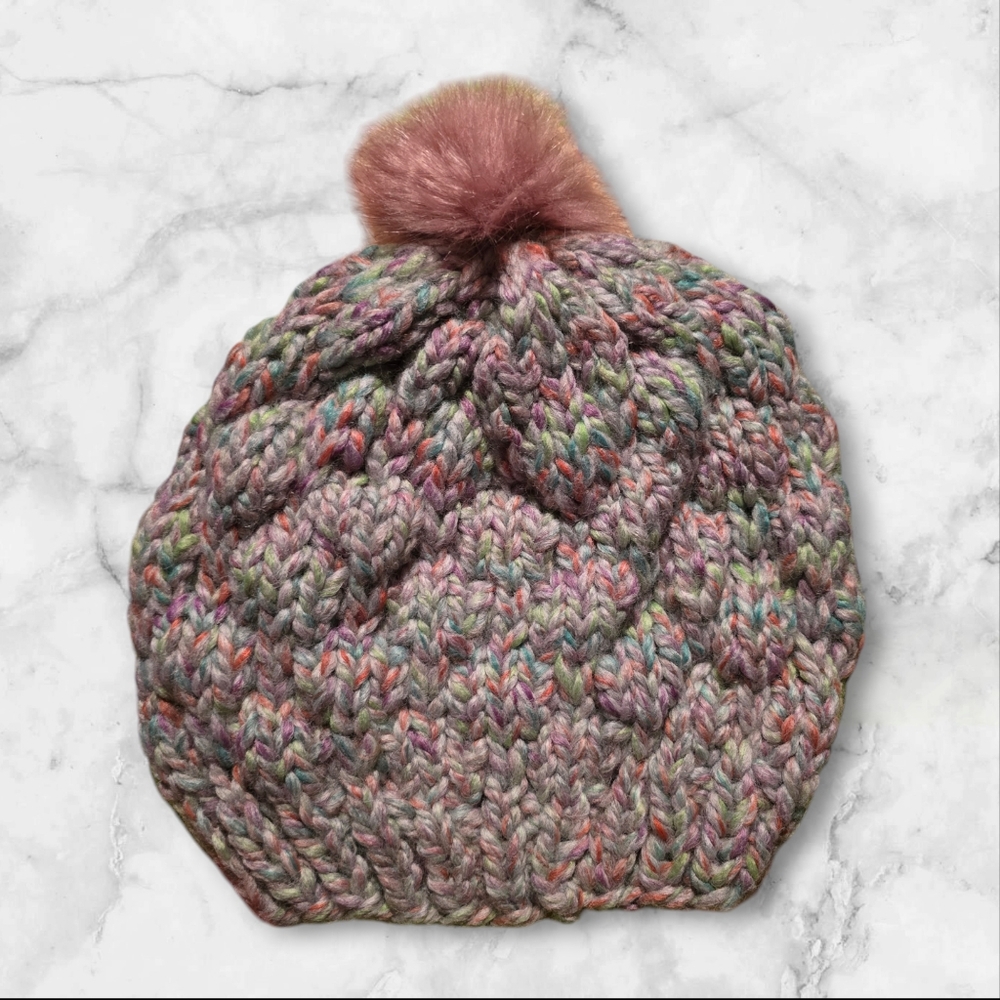 Handmade Knitted Adult Multicolored Winter Hat with PomPom